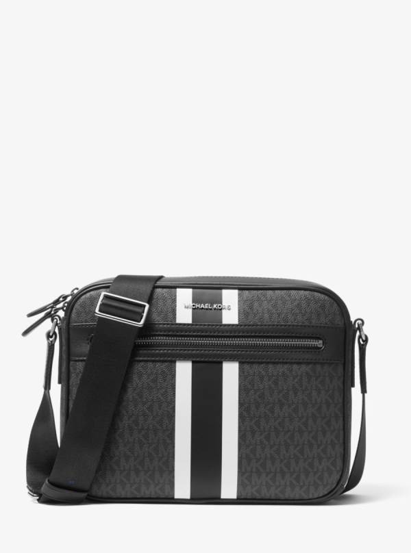 Panske Crossbody Kabelka Michael Kors Hudson Logo Stripe Camera Čierne - Tasky Michael Kors Levně | PELJY-9568
